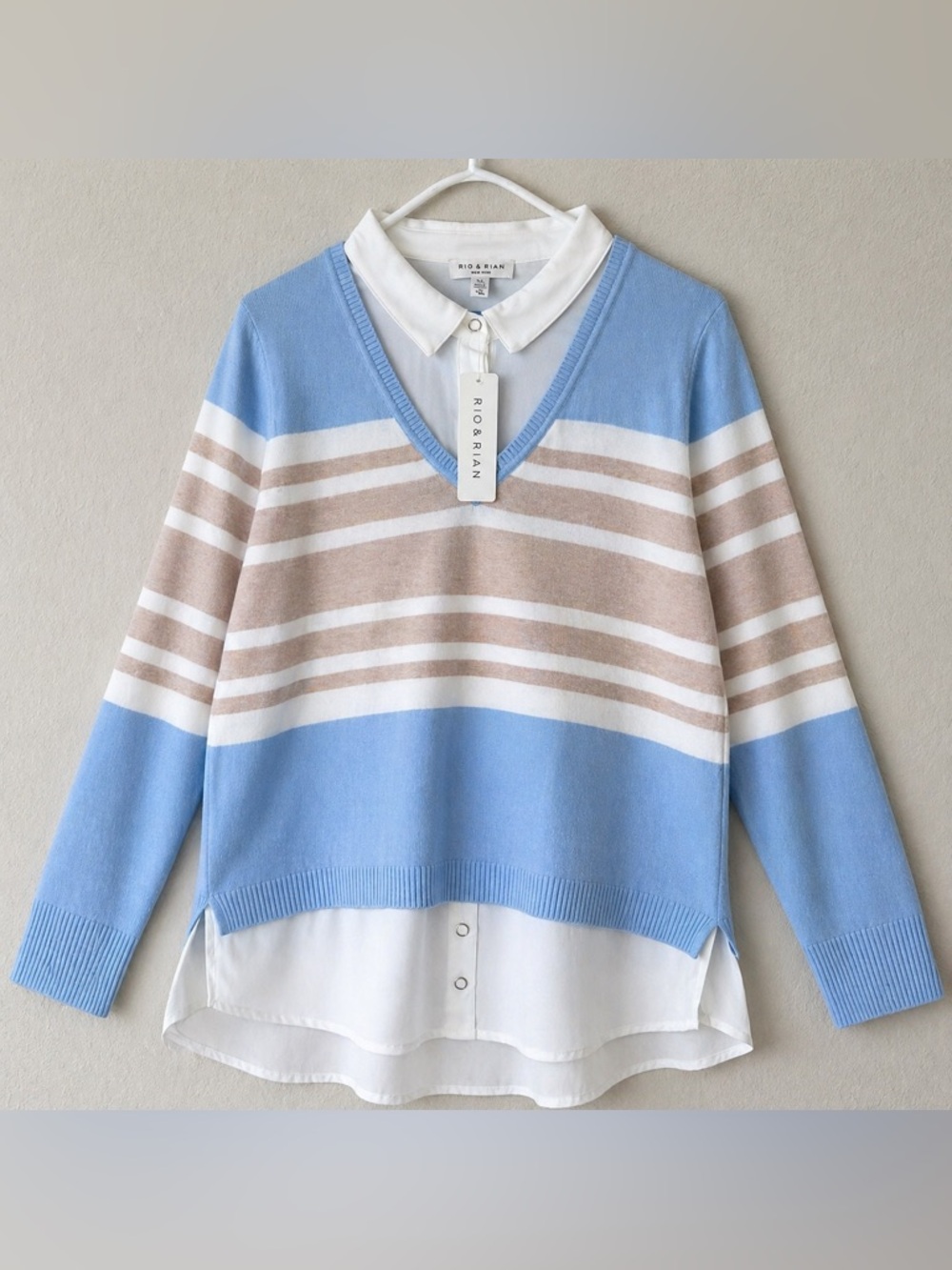 Rio & Rian New York Layered Sweater Blouse XL Blue Striped Collared Top NWT